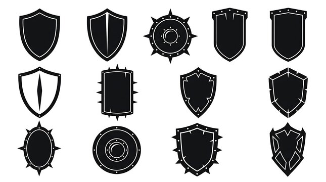 Black shield silhouettes showcase a variety of heraldic shapes and designs