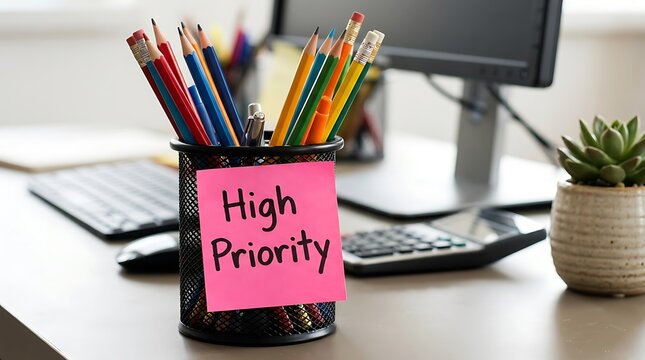 Pink sticky note with High Priority text on a pencil holder with colorful pencils on a desk in a modern home office