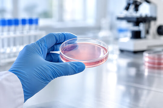 Gloved hand holding a sealed culture dish in a laboratory