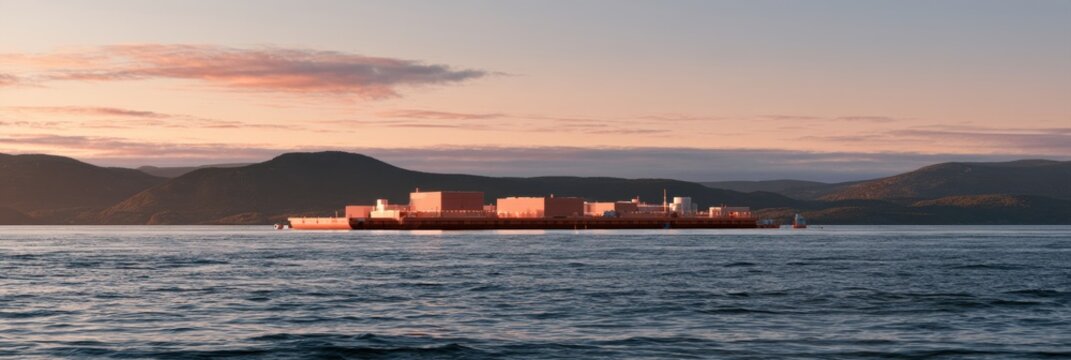A floating platform in the water generates power and transmits it to shore via a subsea cable. It faces tidal and weathering challenges.