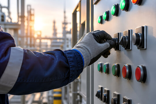 Close up of a worker adjusting factory control switches