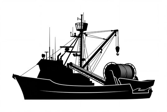 Silhouette of a large commercial fishing trawler vessel, equipped with modern gear for offshore operations and deep-sea harvesting, representing the maritime industry