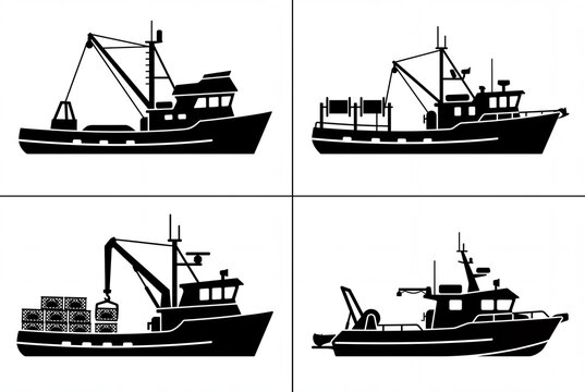 Set of black silhouettes of fishing boats and trawlers isolated on a white background for marine design