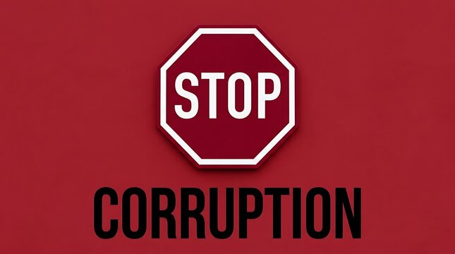Red stop sign icon with the word corruption written in bold black text as a symbol against dishonest illegal acts