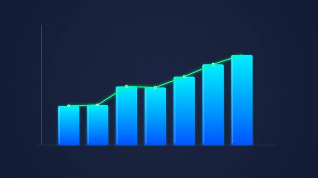 Seamless loop 2D motion graphics animation of rising sales statistics, growing bar charts, and an upward green financial trend line on a dark blue background.