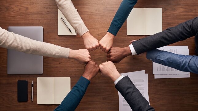 teamwork concept: seven diverse business colleagues bumping fists in a circle over a wooden desk with notebooks, laptop and documents during a top-view team meeting in a modern office