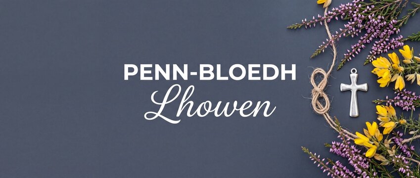 Cornish happy birthday Penn-bloedh Lhowen greeting banner background with silver cross, wild purple heather flowers, yellow gorse and twine on dark slate for Christian religious celebration card.