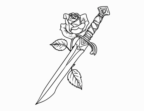 Black and white line art illustration of a dagger piercing a beautiful rose flower.