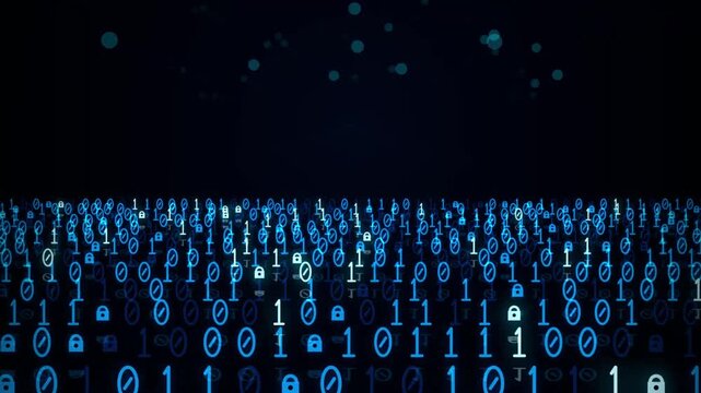 Digital binary code background with glowing blue numbers and security lock icons representing data protection, cybersecurity, and information technology concepts