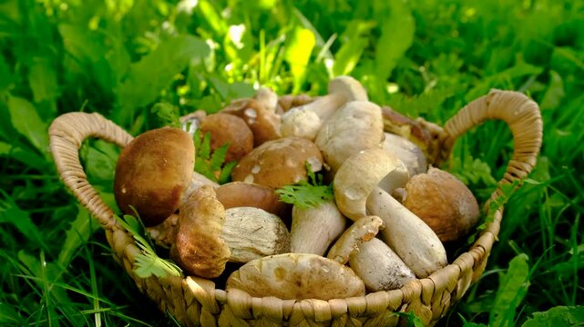 Wild mushrooms in a hand. Selective focus.