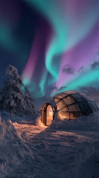 igloo in snowy winter landscape with polar lights in night sky vertical video