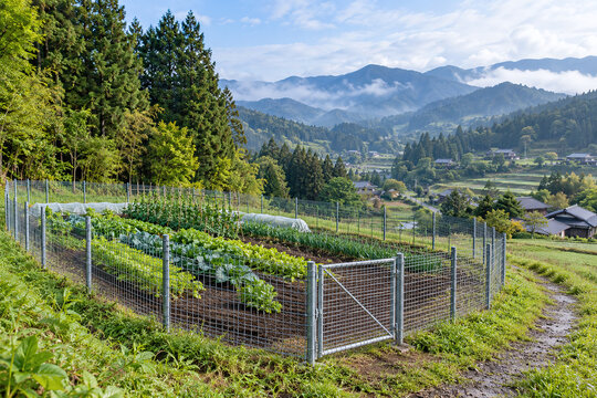 Wildlife exclusion fence protecting a mountain vegetable field in Japan