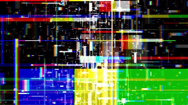 Digital glitch screen pattern with multicolored rectangular lines and pixel distortions against a dark background in a CGI display