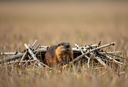 Wildlife conservation and biodiversity, muskrat building a lodge with sticks in a wetland habitat for environmental research and natural history study