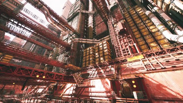 upgrading red steel platform with new piping and support retrofits, technical retrofit atmosphere showing modernization, cables and modular replacements
