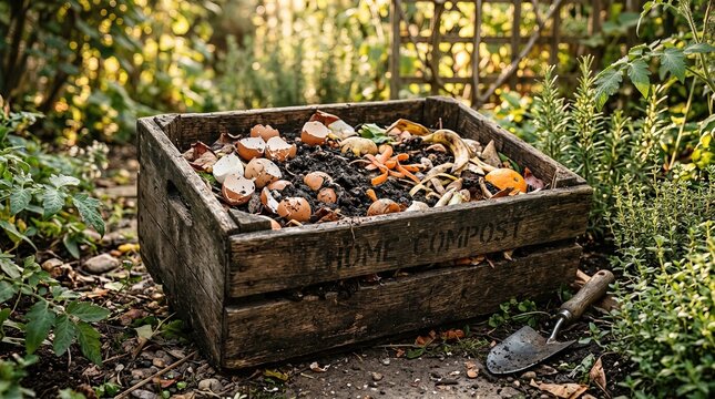 Vegetable peels and eggshells break down in a wooden compost crate. Home composting and reducing food waste for sustainability themes.