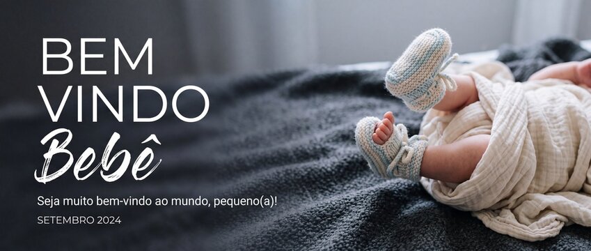 Newborn baby feet knitted booties lying on cozy blanket background with Portuguese text overlay Bem Vindo Bebe for birth announcement greeting card banner, cute nursery lifestyle pregnancy concept.