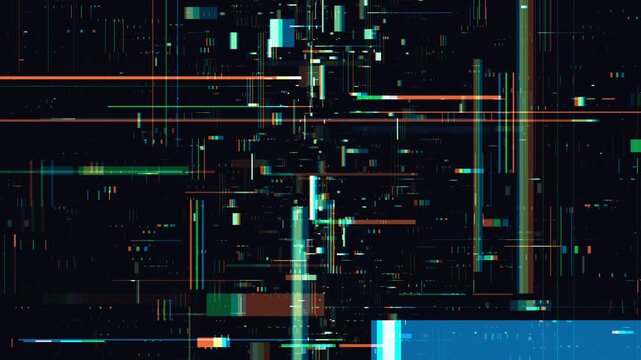 Complex digital glitch interface with horizontal orange and green corrupted data blocks against a black background in a 3D render