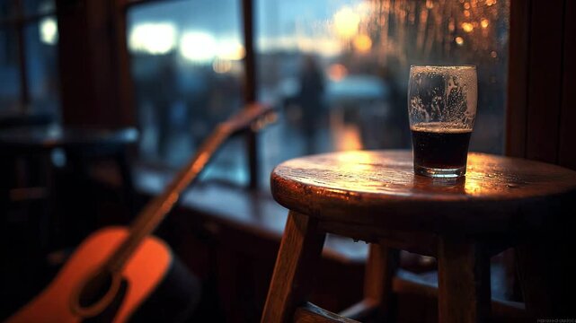 An acoustic guitar and a glass of beer on a wooden table by the window in a bar on a rainy evening. The concept of a cozy bar, live music, and a melancholic atmosphere