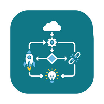 This modern illustration represents a process flow with a rocket, gears, and ideas, symbolizing innovation, creativity, and the journey from thought to execution in modern ventures.