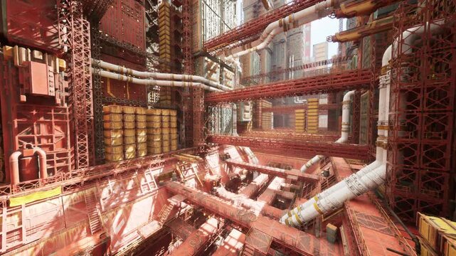 Massive infrastructure artery threading city blocks, interwoven pipes and service ducts against highrise facades, maintenance walkways and metropolitan service
