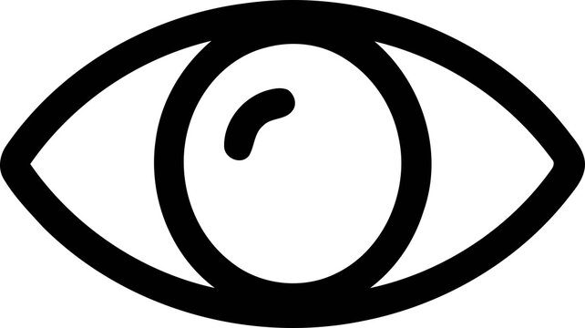 A minimalist black and white illustration depicts a human eye featuring a strong dark outline and clearly defined central pupil detail