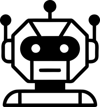Simple black and white icon of a futuristic robot head with antenna and a minimalist design for technology concepts