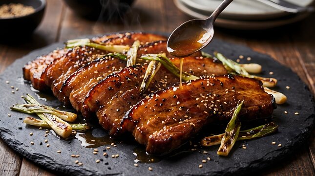 Braised pork belly slices being drizzled with sauce on a slate plate