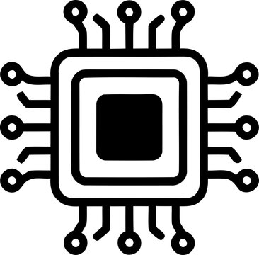 Detailed black and white line art illustration of a computer chip with multiple connection points and internal circuitry