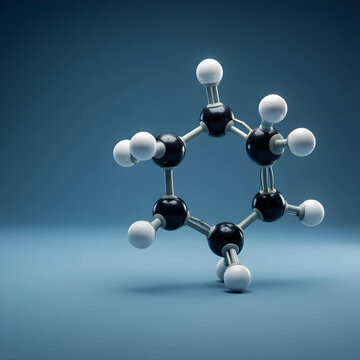 Biochemistry and molecular research, benzene ring chemical structure model for scientific education and pharmaceutical development on a blue background
