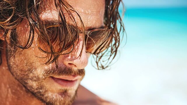 A man with wet hair and sunglasses is relaxing on the beach after a swim. Concept of a summer vacation, swimming in the sea, and relaxation