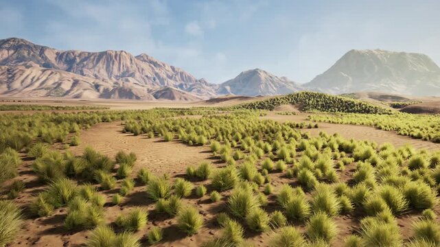 Hikingfriendly scrubland path meandering toward mountain foothills, promotional image for ecotourism and day hikes, crisp air, low shrubs and sandy soil