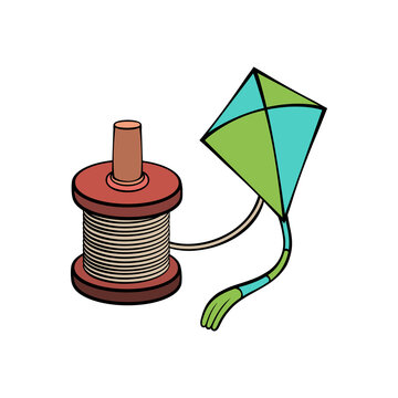 Colorful traditional kite flying toy with wooden spool string reel vector illustration graphic design element isolated