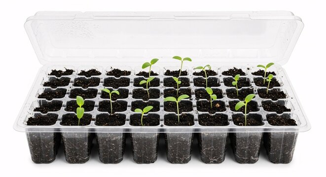 Young seedlings growing in a clear plastic seed tray