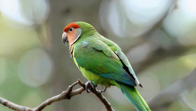 Detailed 4K Ultra HD wildlife portrait capturing the rich emerald and cinnamon feather plumage of a green-cheeked conure parakeet from behind suited for exotic bird breeding pet care