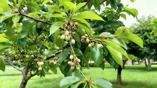  Natural 4K Ultra HD botanical footage capturing a Jamaican cherry tree (Muntingia calabura) bearing small crimson fruits among vibrant green foliage ideal for educational botany projects