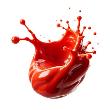 Glossy Red Liquid Splash with Suspended Droplets on White