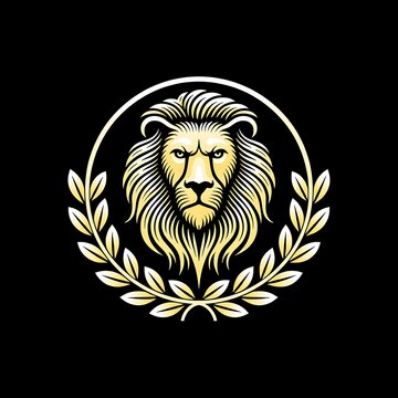 Golden Lion Head Emblem with Laurel Branches on Black