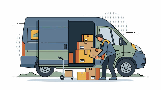 Delivery worker unloading boxes from a cargo van vector illustration
