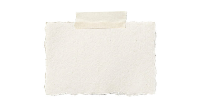 Textured handmade white paper note with rough deckle edges secured by adhesive tape on transparent background