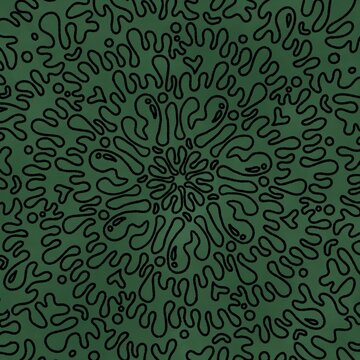 Abstract organic turing pattern in dark green background with maze line doodle. 