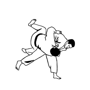 black and white hand drawn line illustration of judo fighting 