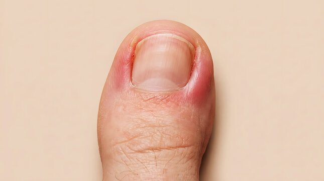 Close up of a human toe showing signs of painful ingrown toenail infection and inflammation