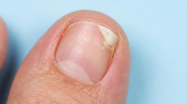 Close up view of a human finger showing signs of a damaged or infected fingernail plate