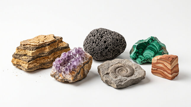 Collection of various geological specimens minerals and fossils on white background