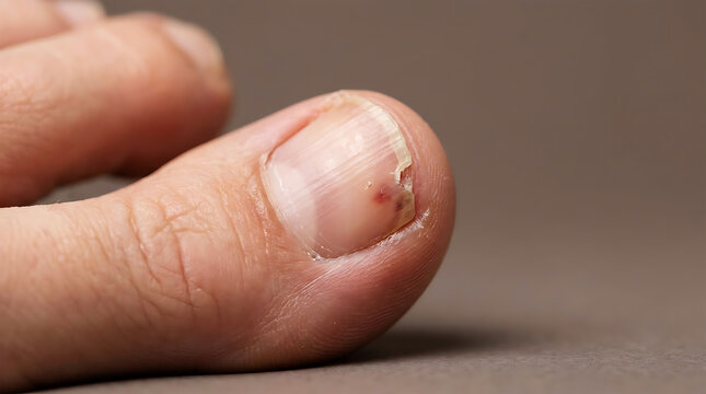 Close up of a human thumb showing signs of a fungal nail infection or damaged cuticle