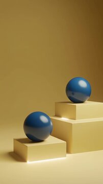 Two Glossy Blue Spheres on Yellow Podiums with Animated Edge Glow