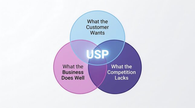 Venn diagram illustrating unique selling proposition strategy with overlapping circles on a clean white background