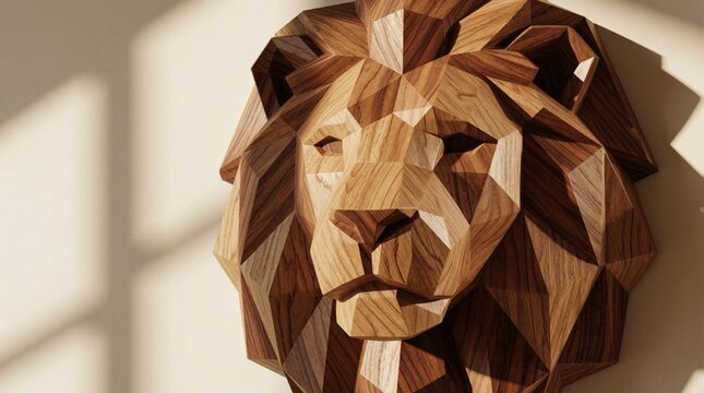 Geometric wooden lion head sculpture hangs on white wall. Modern faceted wood art piece shows lion face with detailed polygon texture. Minimalist animal carving decorates interior room. Natural brown