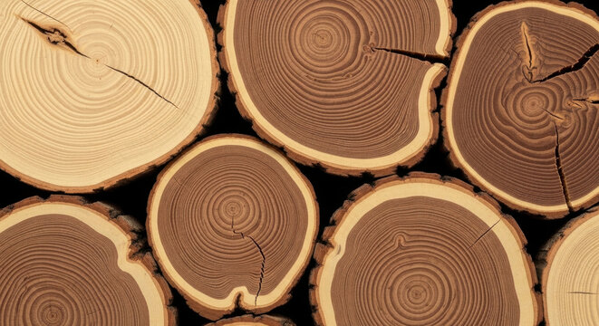 Close-up of cut tree logs showing growth rings and cracks.